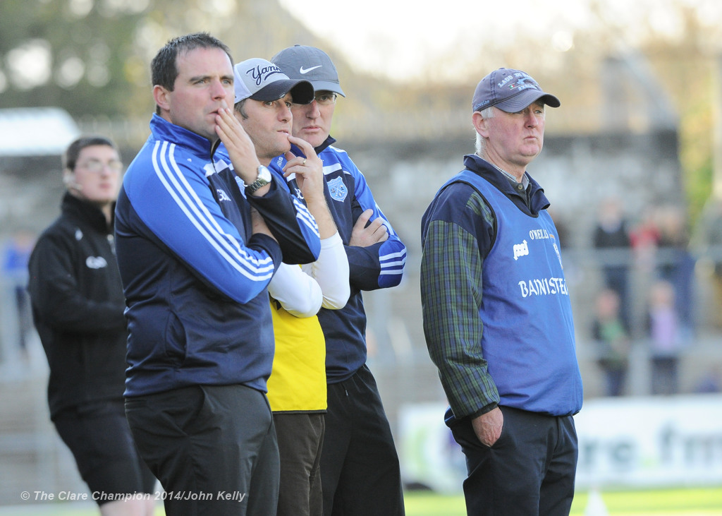 Cratloe manager Joe Mc Grath and his selectors on the sideline against Thurles Sarsfield's during their Munster Club quarter final in Cusack park. Photograph by John Kelly.