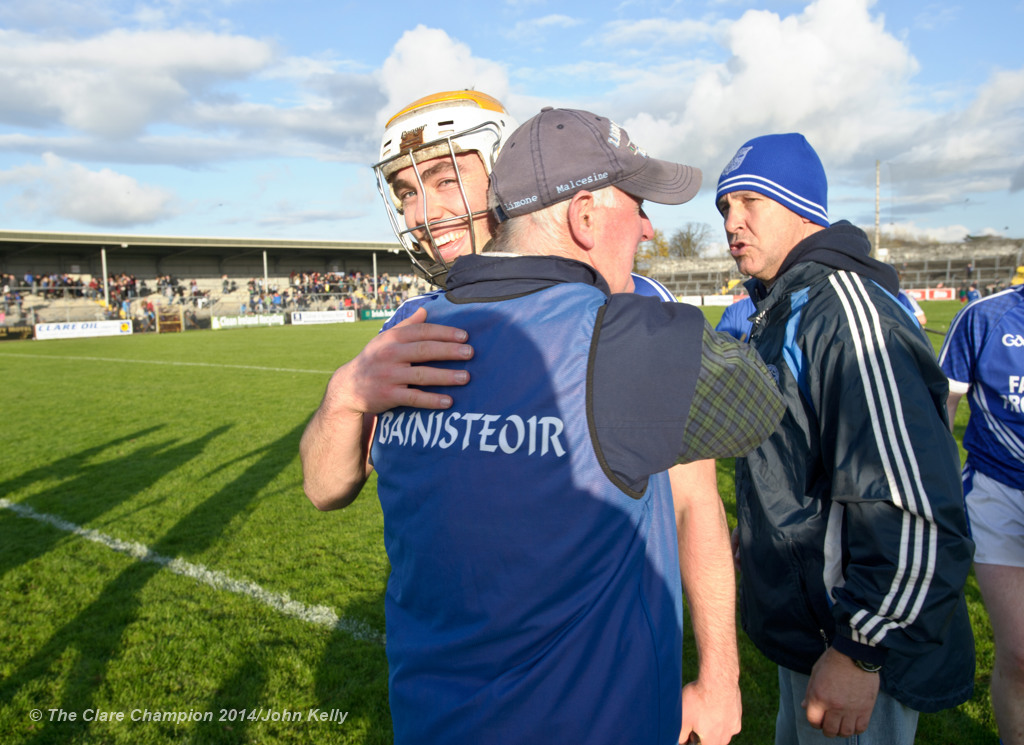 Cratloe's Conor Mc Grath and his dad, the team manager Joe Mc Grath, embrace following the win over Thurles Sarsfields in the Munster Club hurling semi final at Cusack park in Ennis. Photograph by John Kelly.