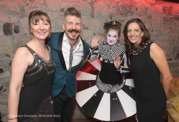 Angela Connaughton, Glór, Jerry Fish, performer Ciara Moloughney and Gemma Carcatera, Glór, attending the Glor@Dromoland event, an evening of fine dining in the Brian Boru banqueting hall with entertainment by the Jerry Fish Electric Sideshow. Photograph by John Kelly.