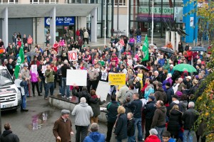 Crowds gather to take part in the anti-water charges protest in Shannon . Photgraph by Arthur Ellis.