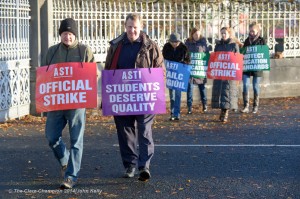 Teachers of St Flannan's College in Ennis on the picket as part of the Secondary teachers One day strike. Photograph by John Kelly.