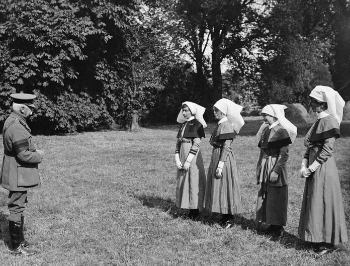 Nellie Galvin, third nurse from the left, on the day she was presented with her Military Medal by General Plumer in France in 1918.