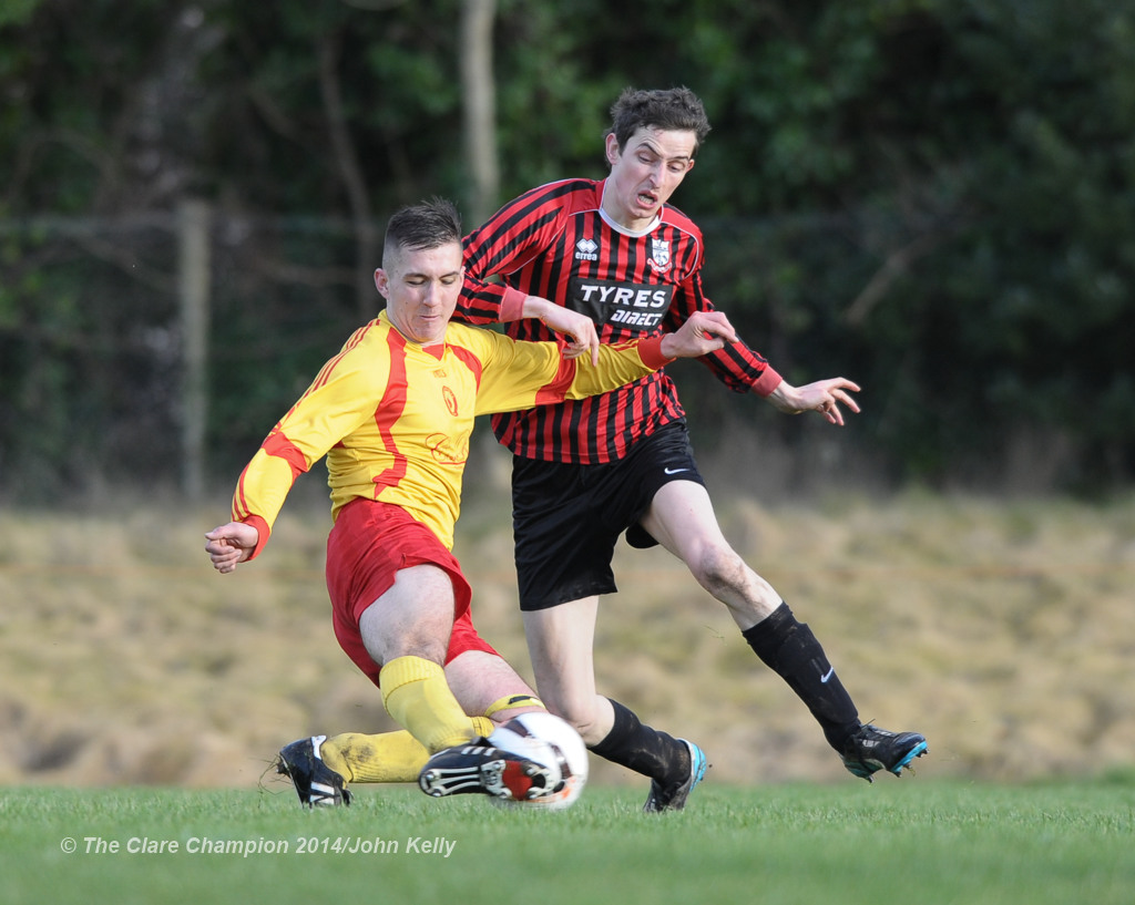 Conor Mullen of Avenue United A in action against Johnathan Downes of Bridge United A during their Premier League game at Roslevan. Photograph by John Kelly.