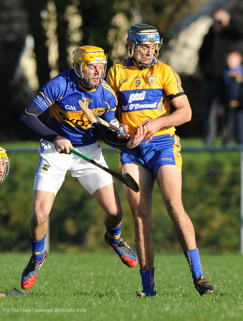 James Woodlock of Tipperary in action against Brendan Bugler of Clare during their Waterford Crystal Cup game at Sixmilebridge. Photograph by John Kelly.