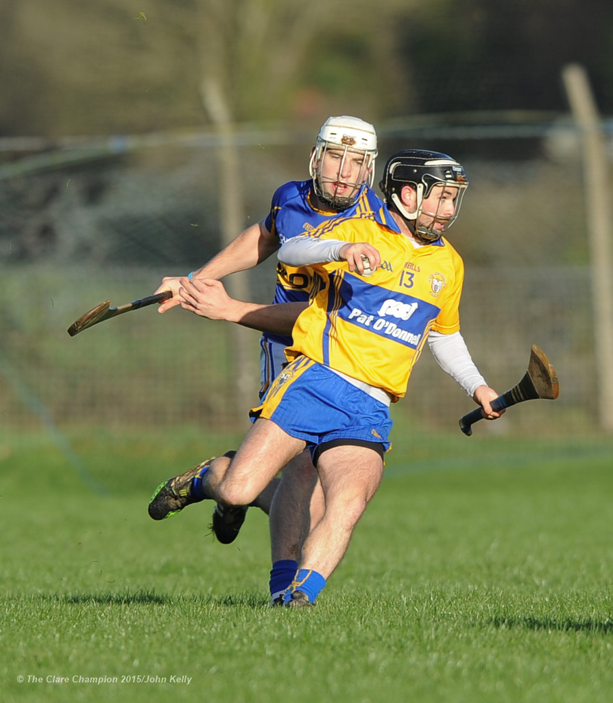 Cathal O Connell of Clare in action against Joe O Dwyer of Tipperary during their Waterford Crystal Cup game at Sixmilebridge. Photograph by John Kelly.