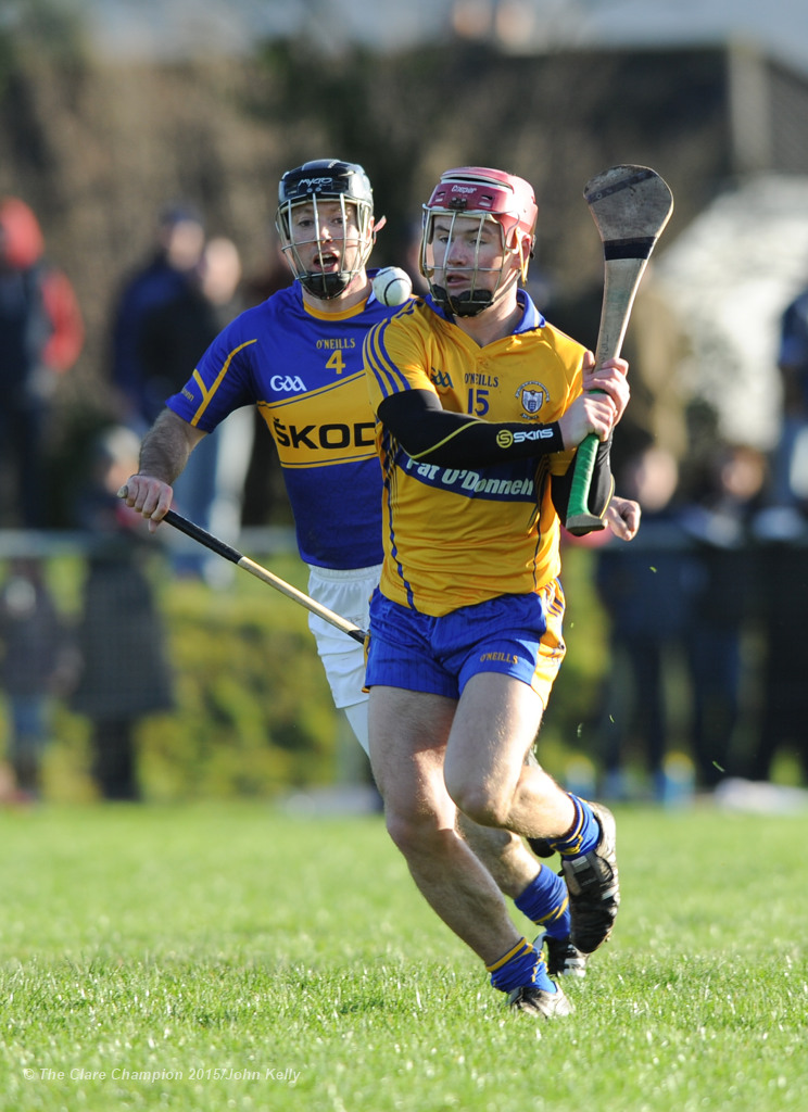 David O Halloran of Clare in action against Conor O Brien of Tipperary during their Waterford Crystal Cup game at Sixmilebridge. Photograph by John Kelly.