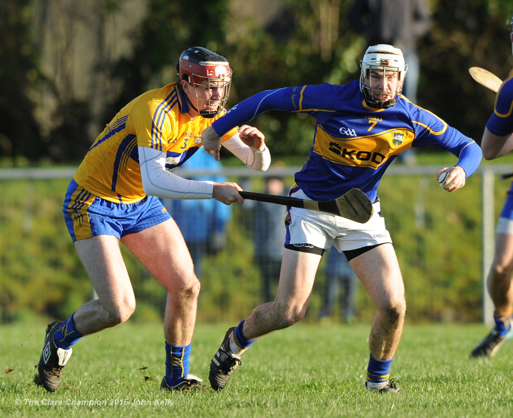 Cillian Duggan of Clare in action against Brendan Maher of Tipperary during their Waterford Crystal Cup game at Sixmilebridge. Photograph by John Kelly.