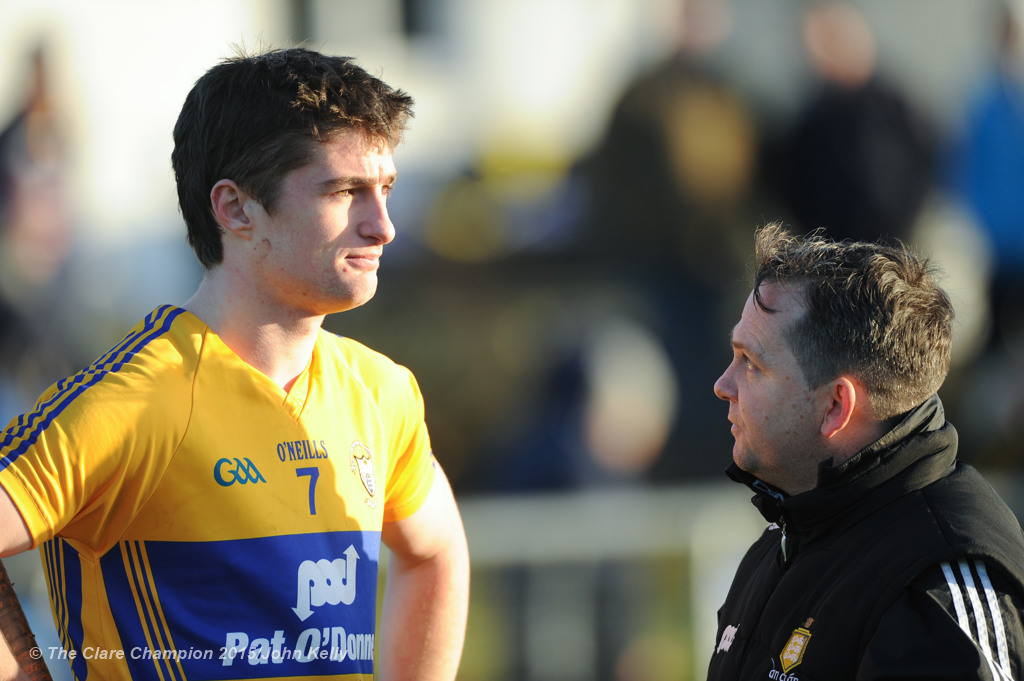 Clare manager Davy Fitzgerald has a word with player Conor Cleary following their Waterford Crystal Cup game at Sixmilebridge. Photograph by John Kelly.