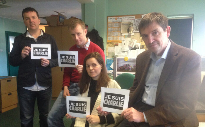 Journalists Peter O'Connell, Owen Ryan, Carol Byrne, and Austin Hobbs Editor of The Champion NUJ Chapel Supporting Je Suis Charlie Campaign