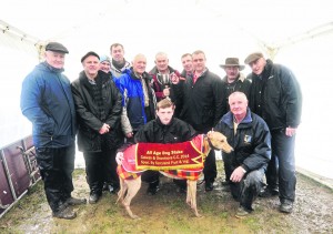  Galway and Oranmore Coursing Club ran their midweek meeting at the new Ballinagoul field in Glin. The winner of the All Age Dog Stake was Roquefort Barney. Owned by the Windfarm Syndicate ; owners, Micheal Eustace, Jerry Hughes and Jonathan Newell collect the  Willie Concannon Cup from Owen Horan. Also included are DJ Histon, ICC;  John Browne, Johnny Moroney, trainer, Pat Curtin; Fran Mangan, ICC; Brian Divilly, ICC;  and with the dog Tom Keating and Tom Connor. Photograph by Yvonne Harrington