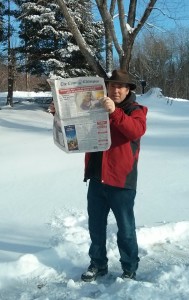 Martin McDonnell, originally from Kilkee, enjoys a read of The Clare Champion in snowy Ontario.