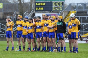 The Clare hurling team line out in Pearse Stadium. Photograph by Declan Monaghan