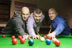 Gerard O'Loughlin (on right) with Gordon O'Loughlin and Kieran Ferns, who completed  the snooker marathon.  Photograph by John Kelly