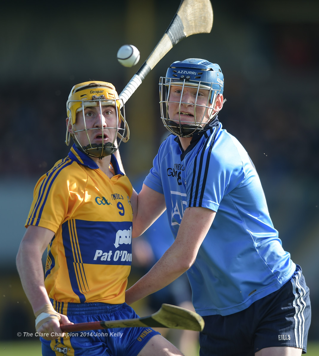 Colm Galvin of Clare in action against Shane Barrett of Dublin during their NHL Division 1 Round 4 game in Cusack Park. Photograph by John Kelly.