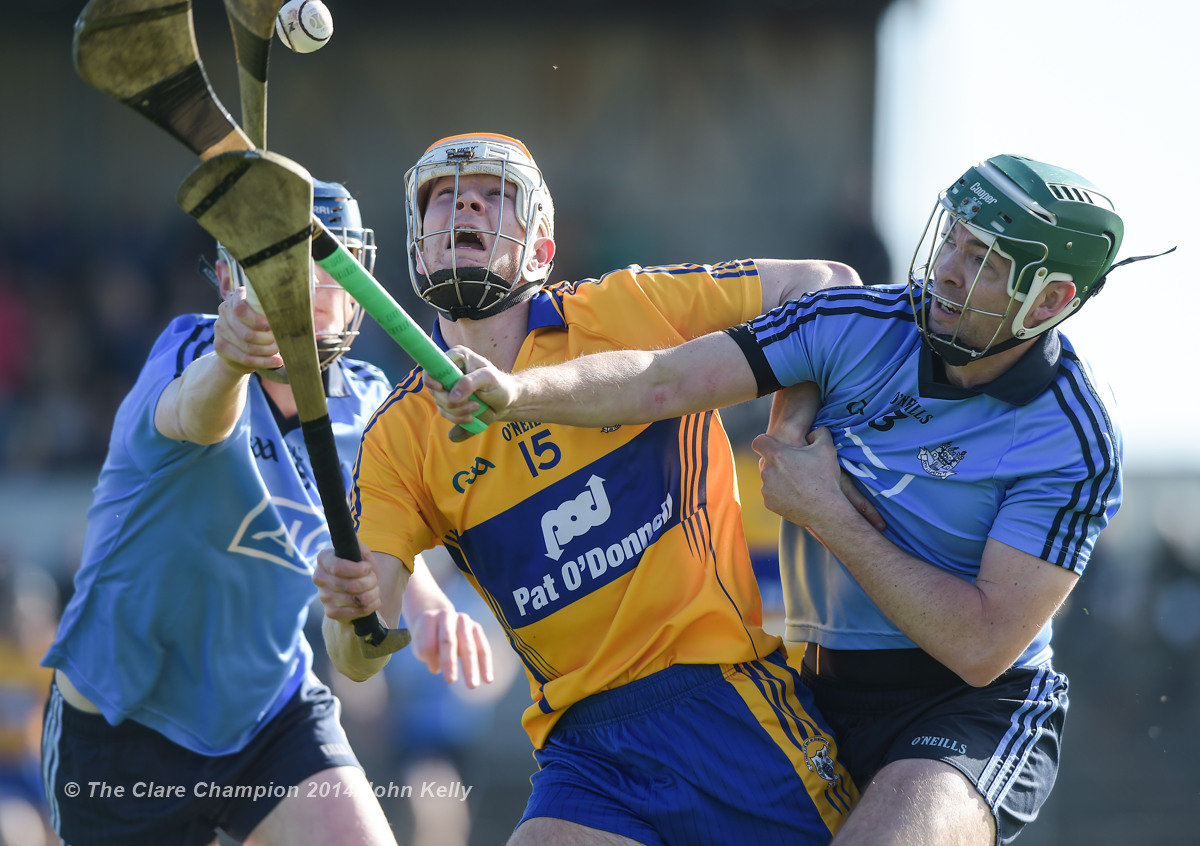 Aaron Cunningham of Clare in action against Michael Carton of Dublin during their NHL Division 1 Round 4 game in Cusack Park. Photograph by John Kelly.