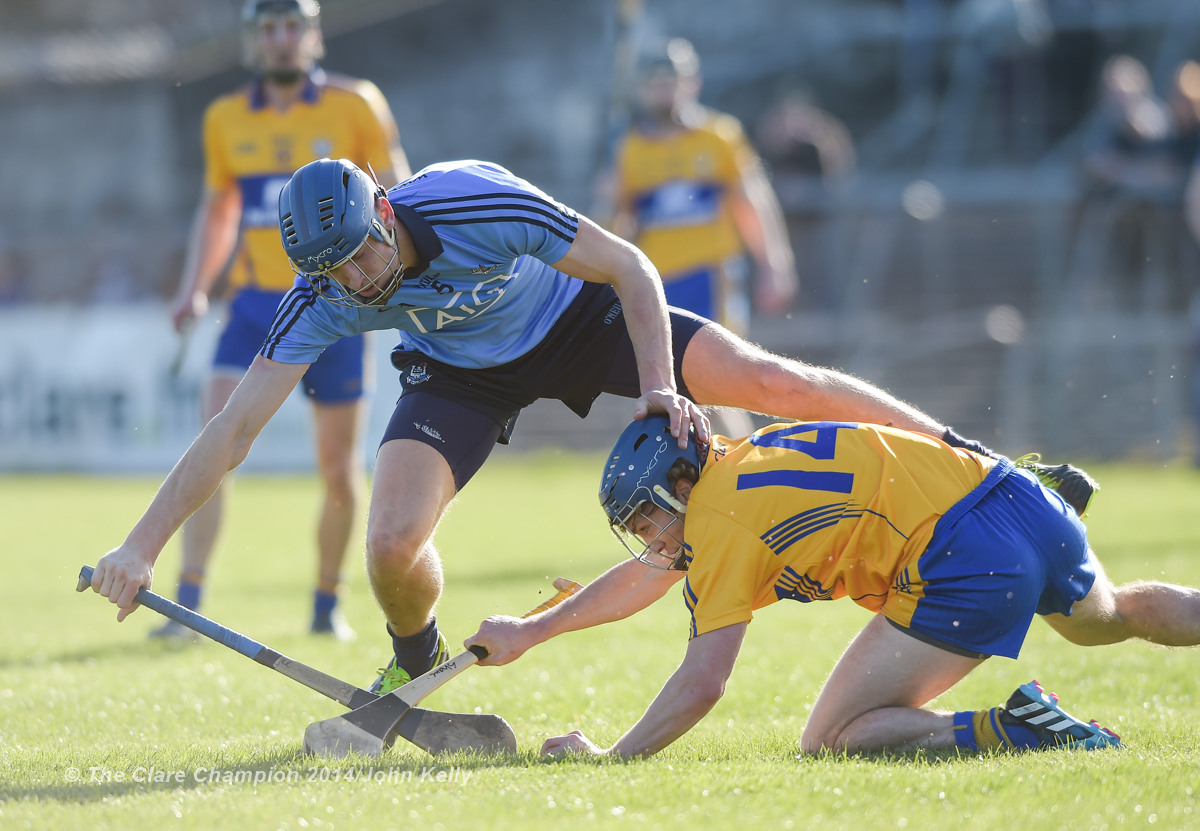 Chris Crummy of Dublin in action against Shane O Donnell of Clare during their NHL Division 1 Round 4 game in Cusack Park. Photograph by John Kelly.