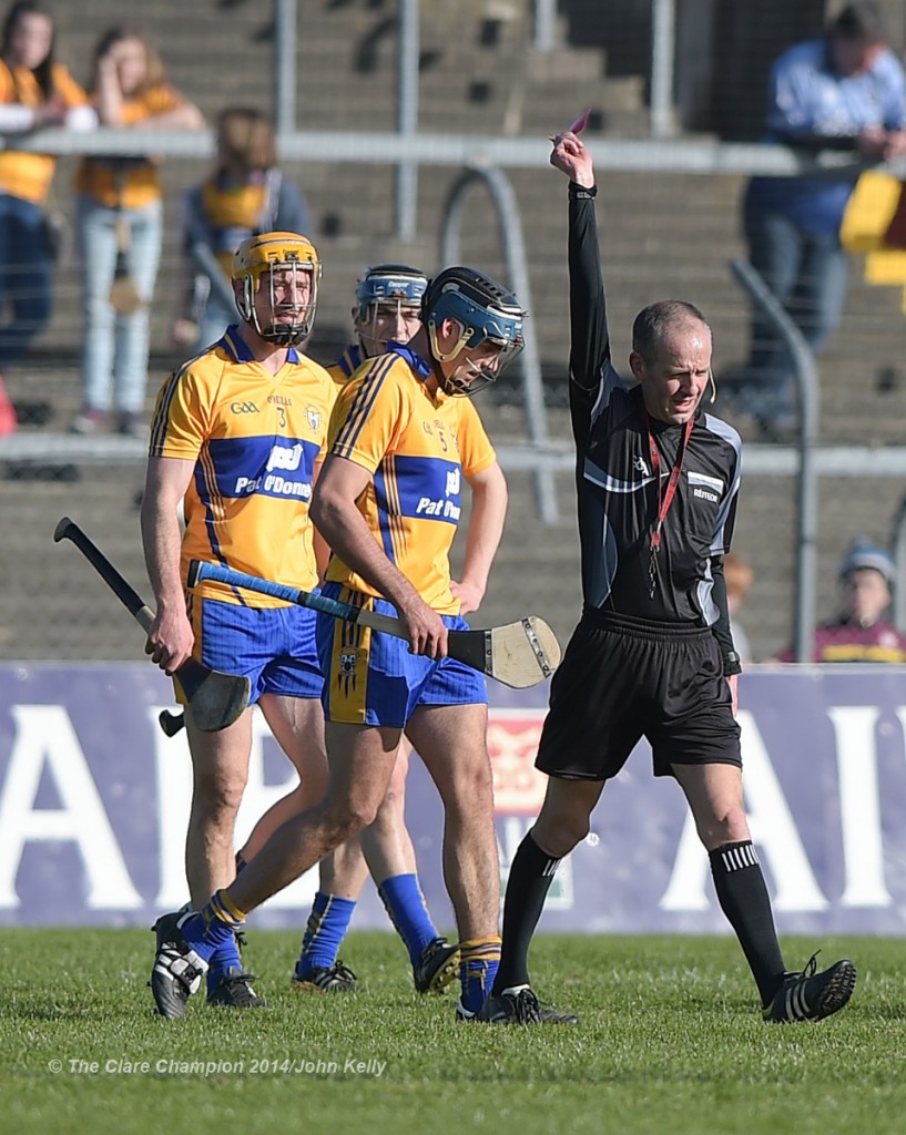 Brendan Bugler  of Clare is shown a red card by referee Cathal Mc Allister during their NHL Division 1 Round 4 game against Dublin in Cusack Park. Photograph by John Kelly.