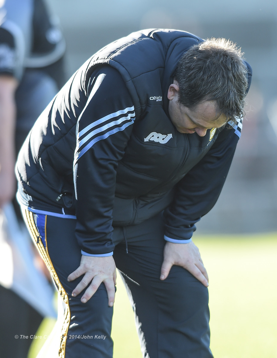 Clare  manager Davy Fitzgerald gathers his breath after the final whistle in their NHL Division 1 Round 4 game against Dublin in Cusack Park. Photograph by John Kelly.