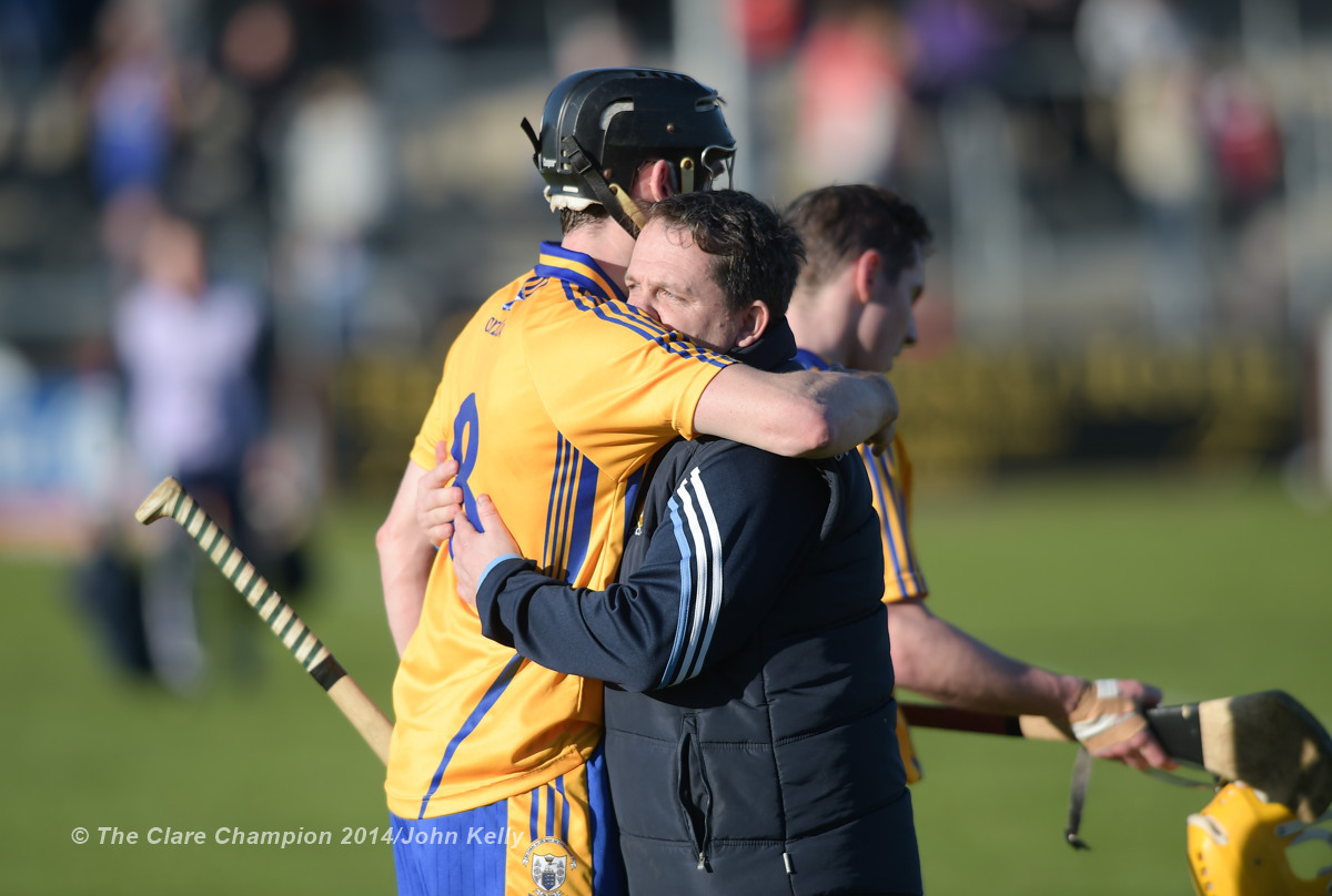 Clare  manager Davy Fitzgerald embraces Pat Donnellan on the final whistle after their NHL Division 1 Round 4 game against Dublin in Cusack Park. Photograph by John Kelly.