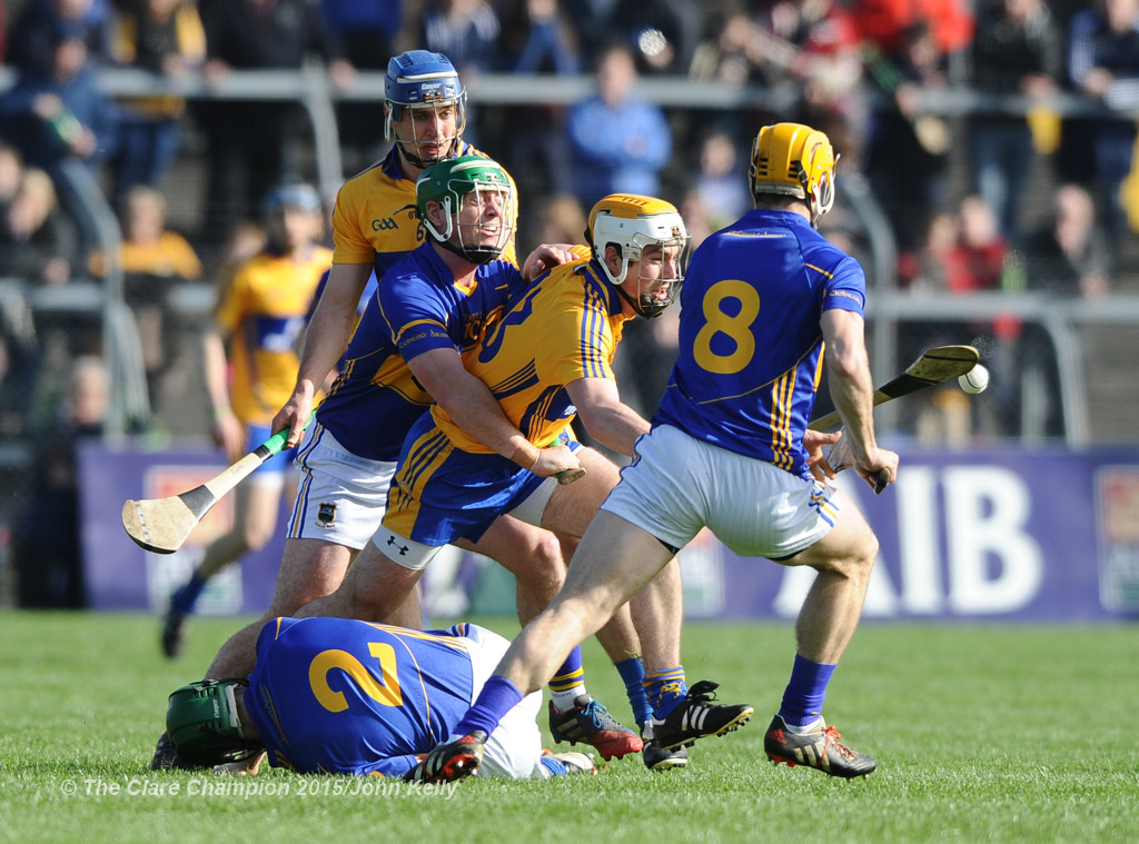 Conor Mc Grath of Clare in action against John O Dwyer of Tipperary during their game in Cusack park. Photograph by John Kelly.