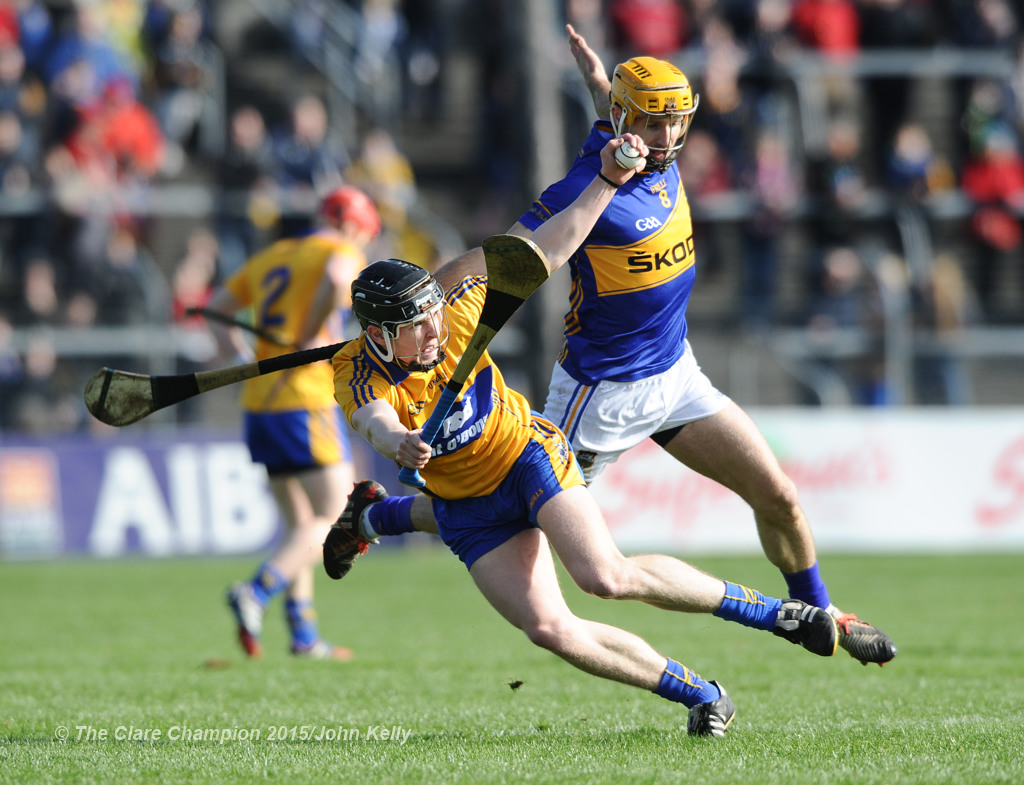 Tony Kelly of Clare in action against Kieran Bergin of Tipperary during their game in Cusack park. Photograph by John Kelly.