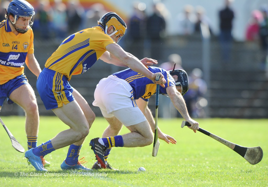 John Conlon of Clare in action against Conor O Brien of Tipperary during their game in Cusack park. Photograph by John Kelly.