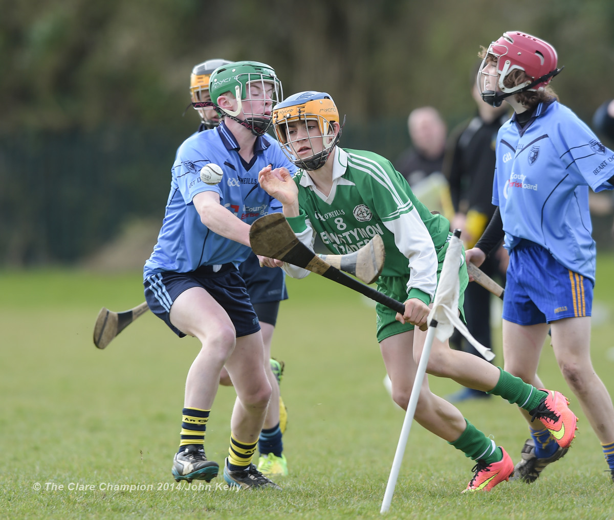 Henry Mc Grath of Scariff Community College  in action against Aidan Mc Carthy of Ennistymon CBS during their Munster U-15 D final at Clarecastle. Photograph by John Kelly.