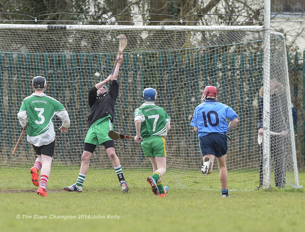 Conor Downes of Scariff Community College goals against Ennistymon CBS during their Munster U-15 D final at Clarecastle. Photograph by John Kelly.