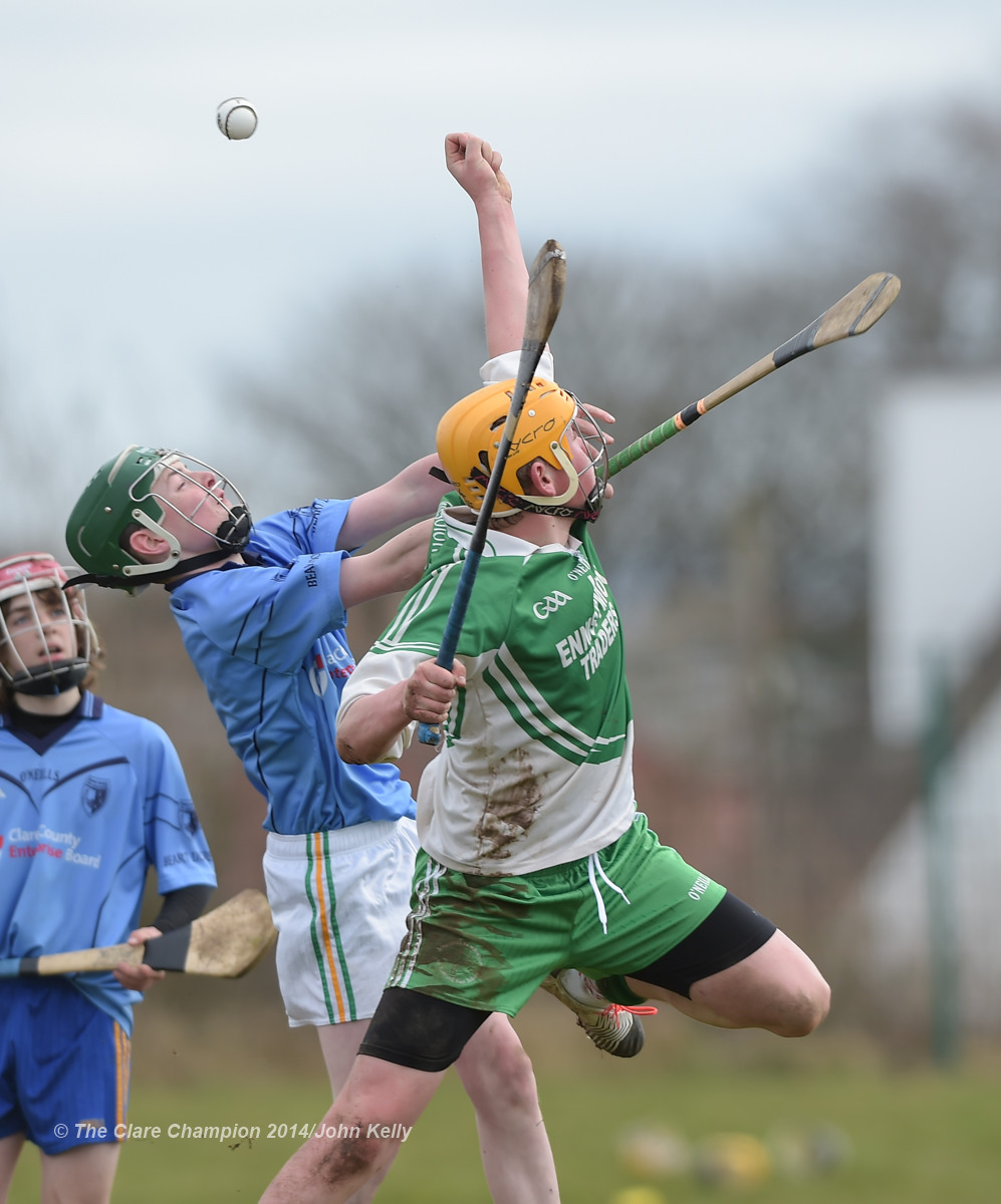 James Hannon of Scariff Community College  in action against Tom Barry of Ennistymon CBS during their Munster U-15 D final at Clarecastle. Photograph by John Kelly.