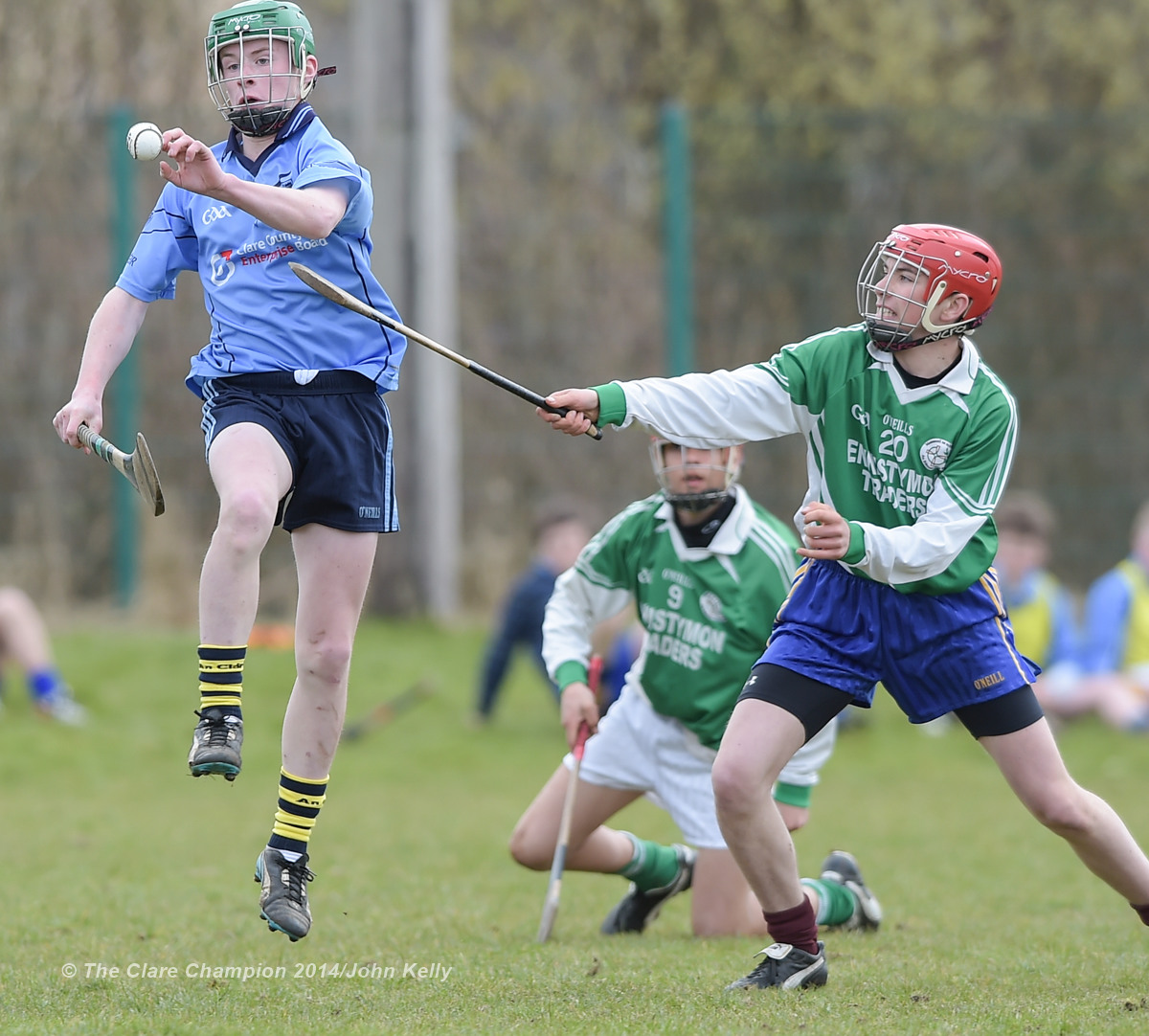 Henry Mc Grath of Scariff Community College  in action against Seamus Hurley of Ennistymon CBS during their Munster U-15 D final at Clarecastle. Photograph by John Kelly.