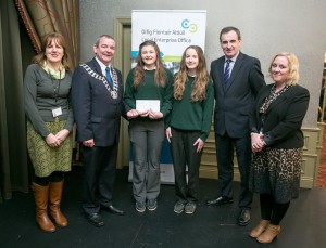 Intermediate Category Winners -  Blissful Beauty (St Michael Community College Kilmihil), L-R Betty Devanny, Local Enterprise office Clare; leas Cathaoirleach, Tony O’Brien, Alana and Jennifer of Blissful Beauty, Ger Dollard, director of services and Sinead Dixon, Local Enterprise Office Clare. Photograph by Arthur Ellis