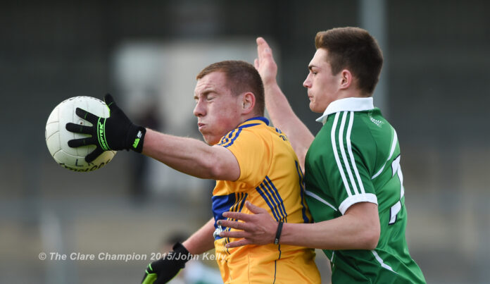 Nigel Murray of Clare in action against Sean Murphy of Limerick during their Munster minor championship semi-final at Cusack Park. Photograph by John Kelly.