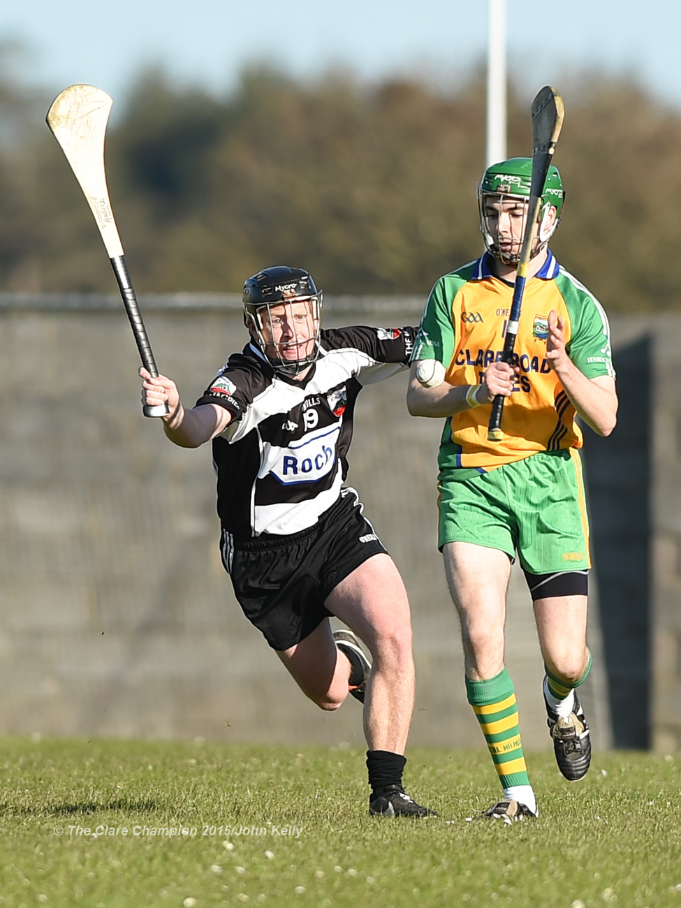 Johnathan Clancy of Clarecastle in action against Conor Tierney of Inagh-Kilnamona during their Clare Champion Cup game in Inagh. Photograph by John Kelly.