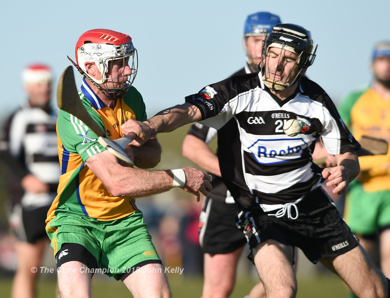 Dermot Lynch of Inagh-Kilnamona in action against Eric Flynn of Clarecastle during their Clare Champion Cup game in Inagh. Photograph by John Kelly.