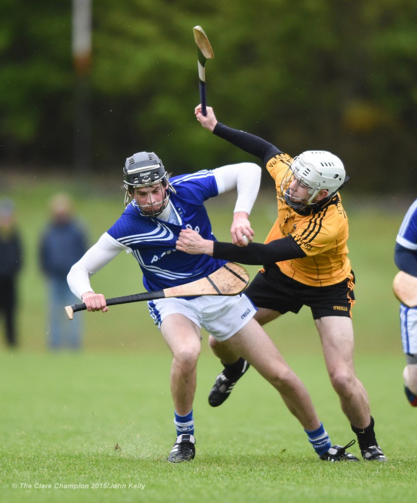 Michael Danagher of Cratloe in action against Gareth Kennedy of Clonlara during their Clare Champion Cup game at Cratloe. Photograph by John Kelly.