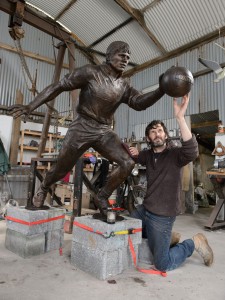 Seamus Connolly  lines out with Páidí Ó Sé in his workshop. Photograph by John Kelly