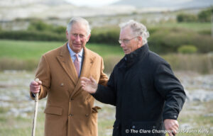 Charles Prince of Wales, is briefed on  Burren farming by Pat Nagle, Landowner, during his visit to the Burren in County Clare as part of his four day trip to Ireland. Photograph by John Kelly.