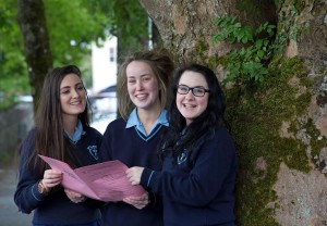 Claire Honan, Elana Bradley and Zoe West checking their exam papers at Coláiste Muire, Ennis. Photograph by Arthur Ellis