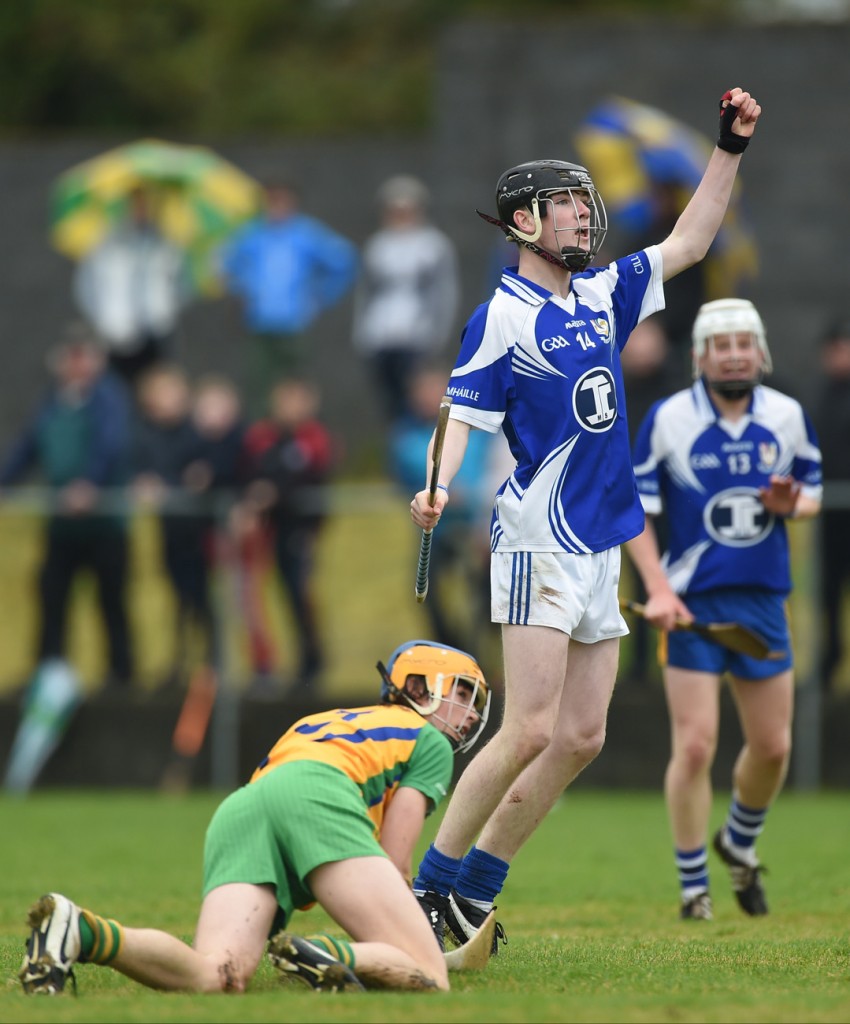 Oisin Cahill of Kilmaley celebrates a score late during their U-16A hurling final against Inagh-Kilnamona in Clarecastle.