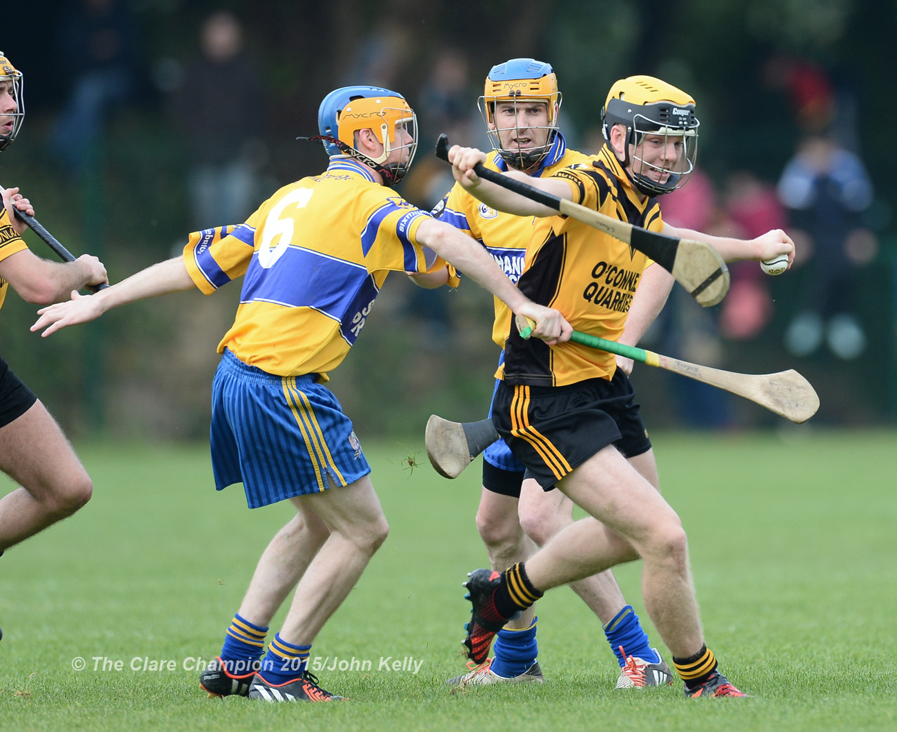 Kieran Murphy of Clonlara in action against Adrian Chaplin of Sixmilebridge during the Junior A final at Broadford.