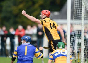 Alan O Connell of Clonlara celebrates his goal against Sixmilebridge during the Junior A final at Broadford.