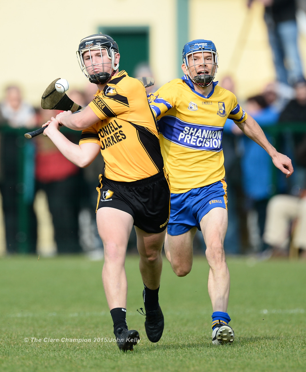 David Fitzgerald of Clonlara in action against Kieran Liddane of Sixmilebridge during the Junior A final at Broadford. 