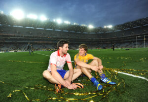 Clare's Darach Honan and Shane O Donnell, who replaced him and went on to score 3-3, share a quiet moment in Croke Park following the All-Ireland in 2013. Photograph by John Kelly.