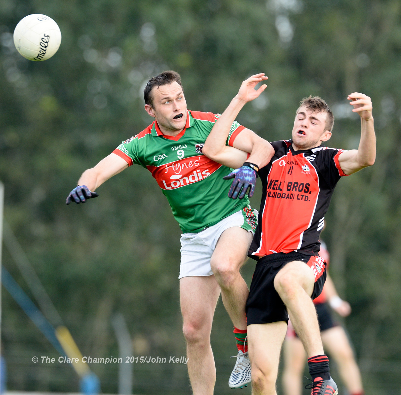 Peter O Dwyer of Kilmurry Ibrickane in action against Cillian Brennan of Clondegad during their Cusack Cup final in Kilmihil