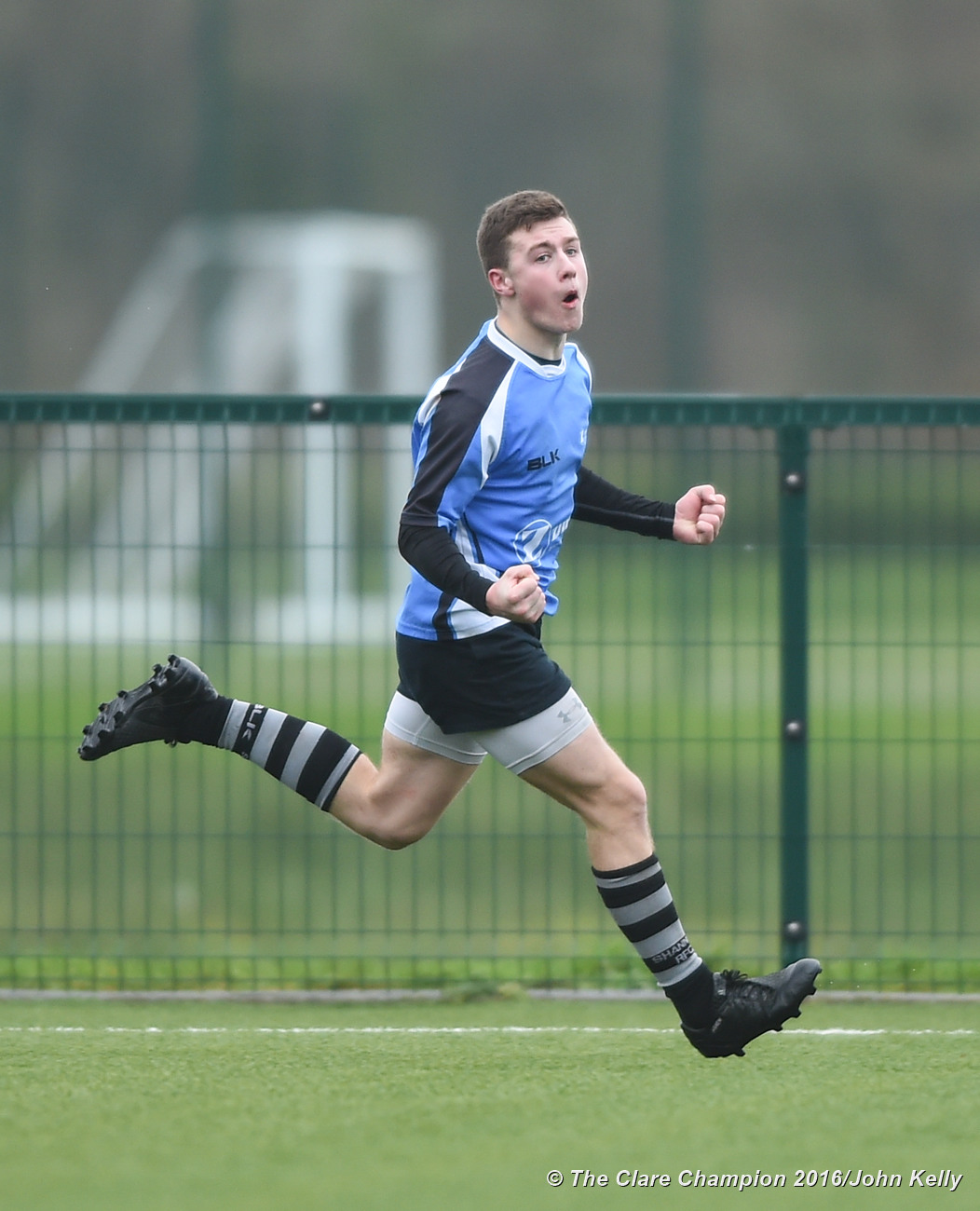 Tiernan Agnew of St Caimins celebrates his try against Abbey CBS.