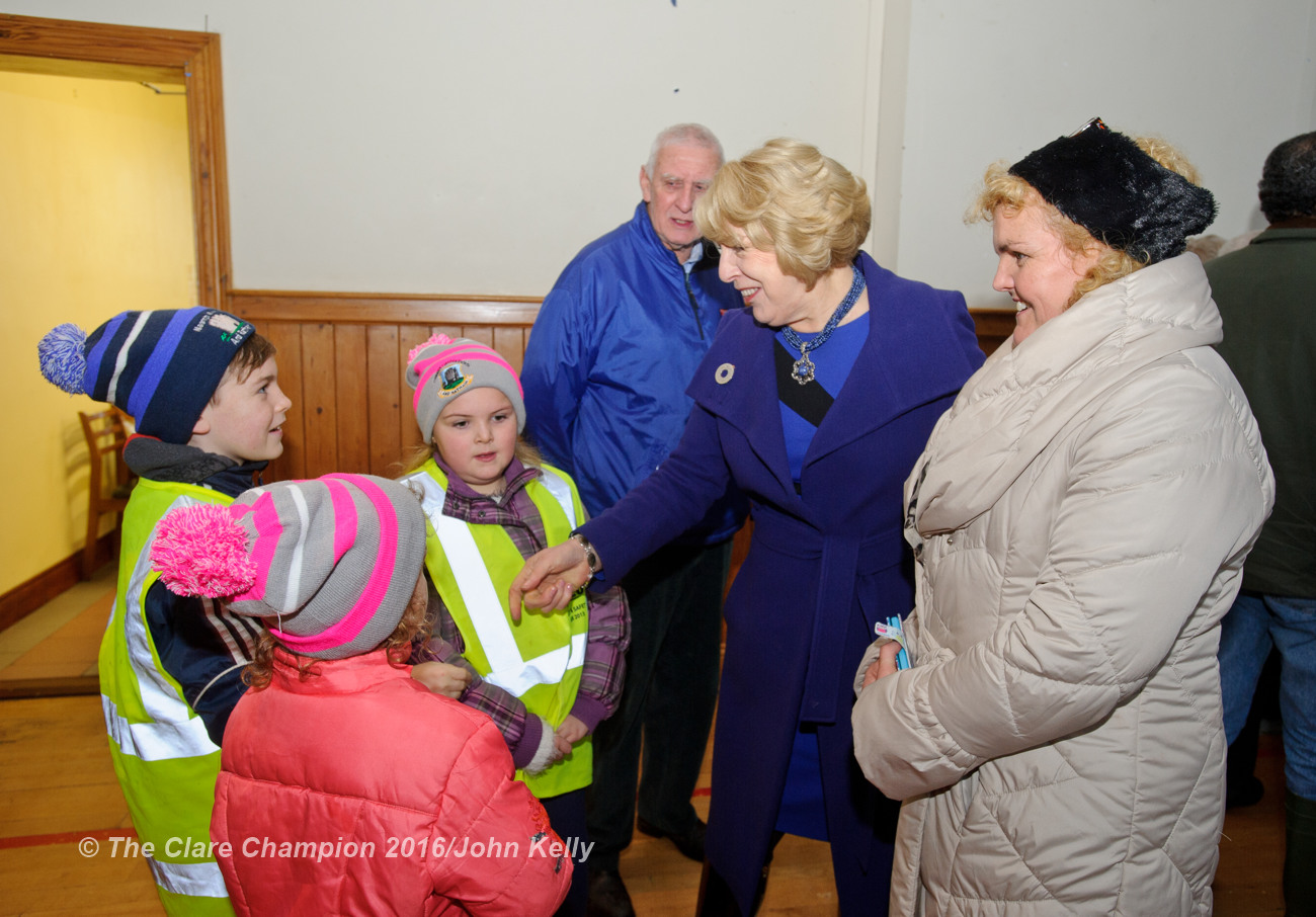 Mrs Sabina Higgins chatting with Eve, Alex and Annabel O Flynn as well as their mother Catriona O Flynn and grandad Joe O Flynn during her visit with President Michael D. Higgins to Labane to meet the victims of flooding in the area. Photograph by John Kelly.