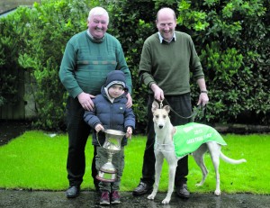 Owner Sean Doyle, Roslevan, Ennis, with his grandson, Sean and trainer, Paddy Marrinan and Oaks contender Pardon Me Boys. Photograph by John Kelly