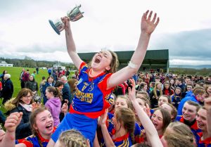 150416 St Annes Community College Killaloe captain Aoife Power celebrates victory with her teammates at The Ragg on Friday.Pic Arthur Ellis.