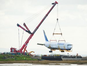 A view of the 767-200 Transaero plane at Shannon being lifted by crane onto a barge. Photograph by John Kelly.