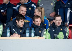 Darach Honan, Pat Kelly and Pat Donnellan were amongst the players sitting  it out during the All-Ireland Senior Championship Qualifier game against Laois in Ennis. Photograph by John Kelly.